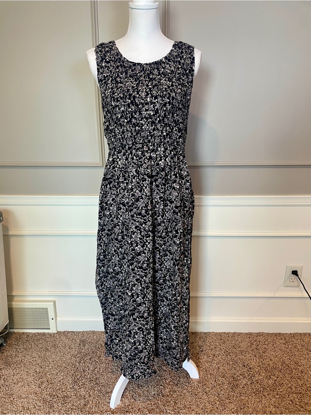 Vintage All That Jazz 90s Rayon Black Floral Maxi Dress Seersucker Babydoll 9/10